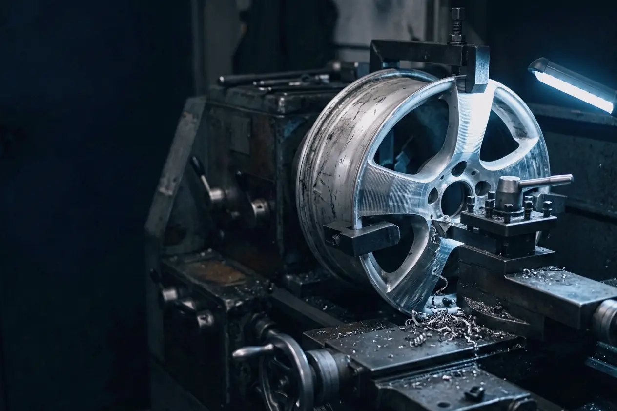 A bare alloy rim on a lathe, its spokes half machined, with curls of swarf below