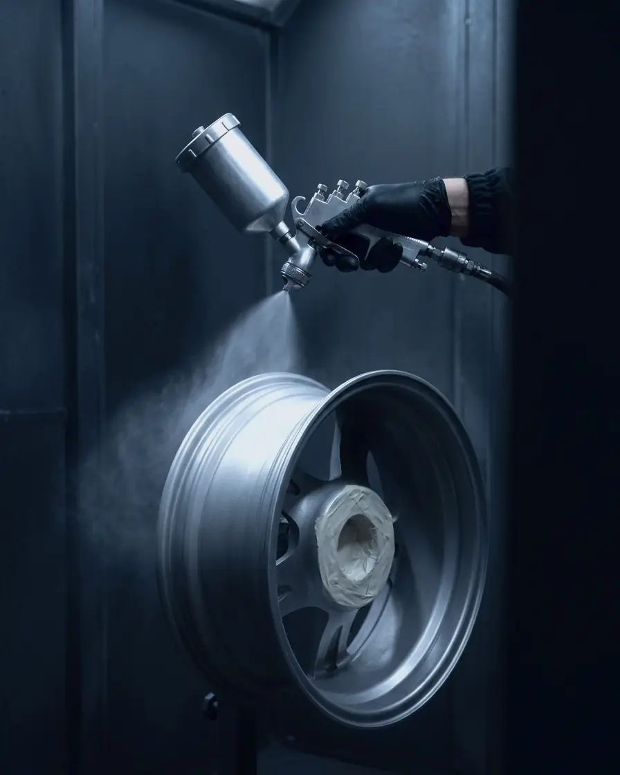 A gloved hand spraying a fine mist of silver paint at a bare alloy rim in a spray booth