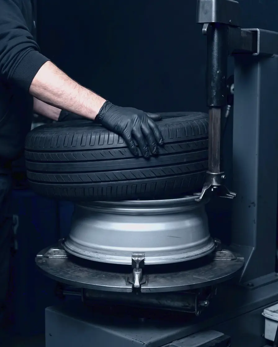 A gloved hand pressing a new tyre onto an alloy rim on a tyre-changing machine