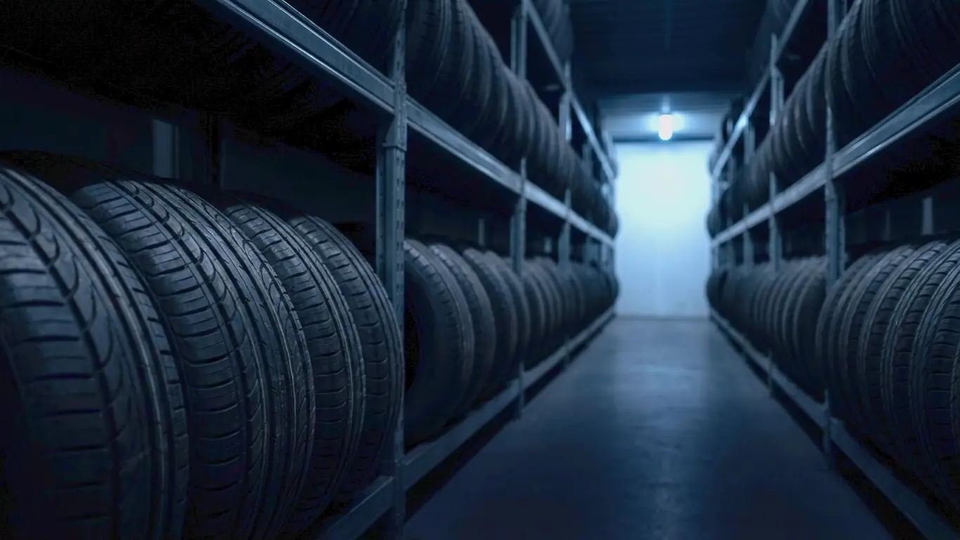 Rows of tyres on steel racks along a dim storeroom aisle