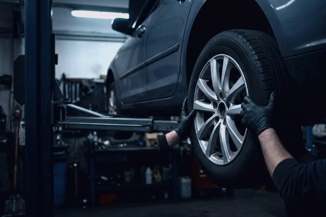 Gloved hands gripping the tyre of a wheel on a car raised on a lift, checking it for a bend